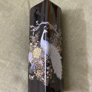 Shibata Porcelain Black Vase with Peacock Design Avian floral. UBV